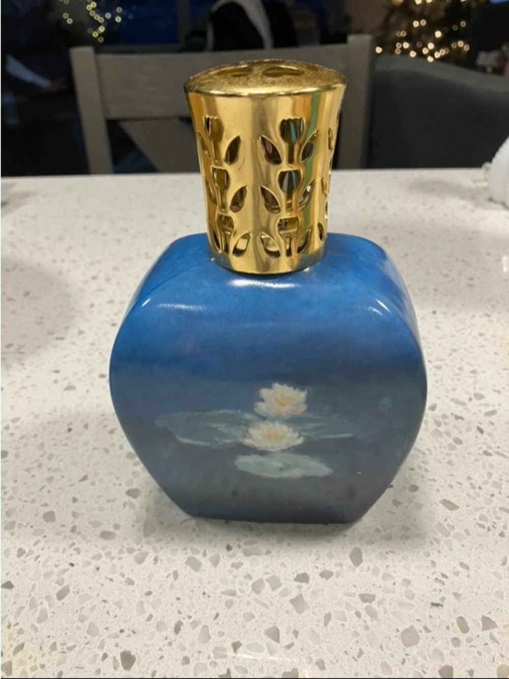Goebel Blue Ceramic Fragrance Lamp with Gold Filigree Top and Water Lily Motif